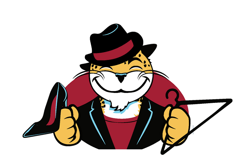 The Paw's Closet logo: a cartoon jaguar, wearing a hat while holding a high heel shoe and hanger.