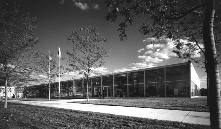 Black-and-white photo of exterior of the former Republic Newspaper building in Columbus, Indiana