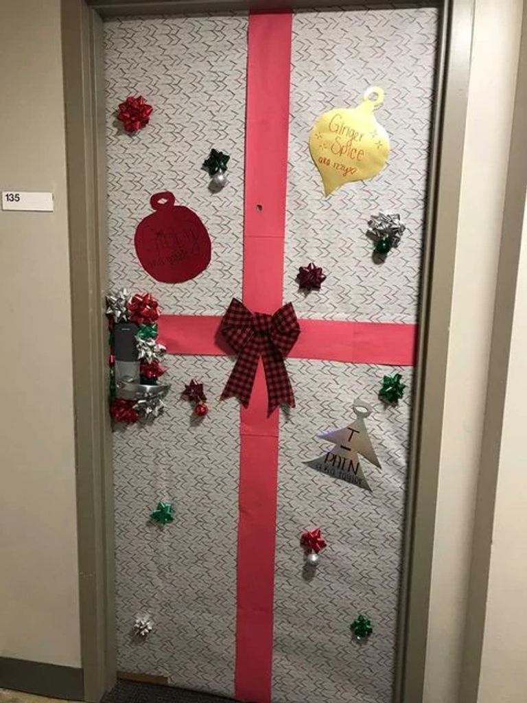 door with wrapping paper and ornaments