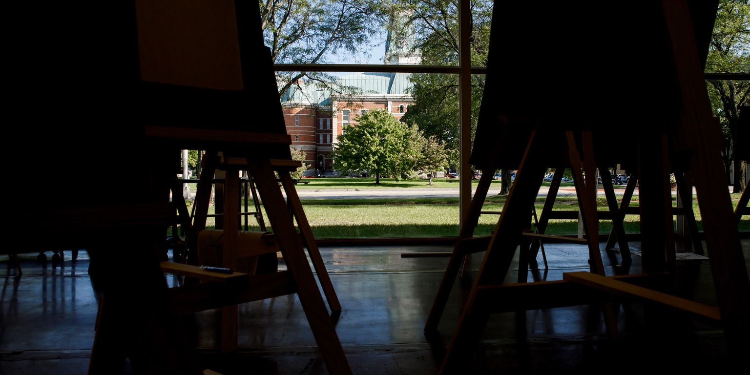 Easels in front of windows 