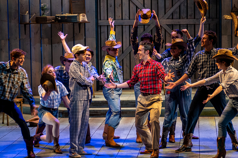 Cast members in flannel shirts on stage for a production of 