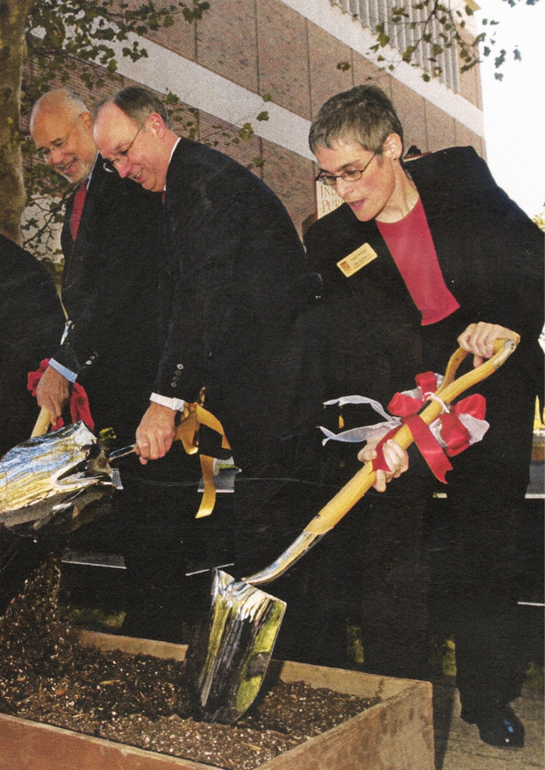 IU President Adam Herbert, Chancellor Charles Bantz and Vice Chancellor Karen Whitney break ground