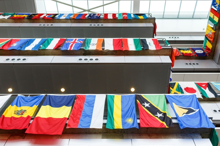 Flags from across the world displayed in the Campus Center