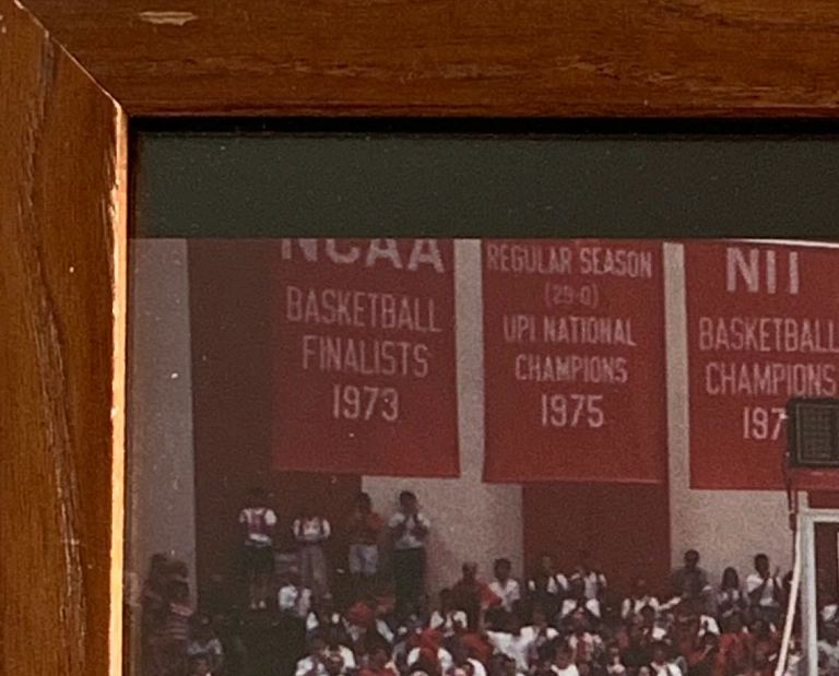 Members of the 1940 Hoosiers championship team on the floor at Assembly Hall in the late 1980s