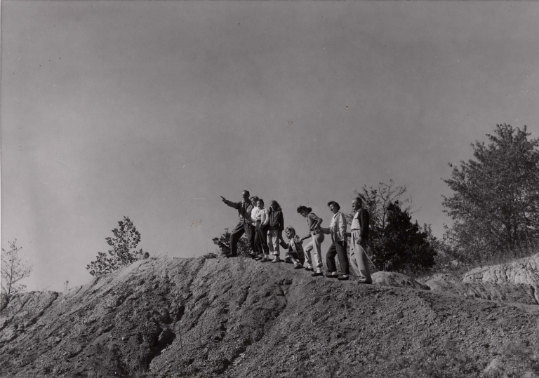 School-aged children go hiking at Bradford Woods many years ago