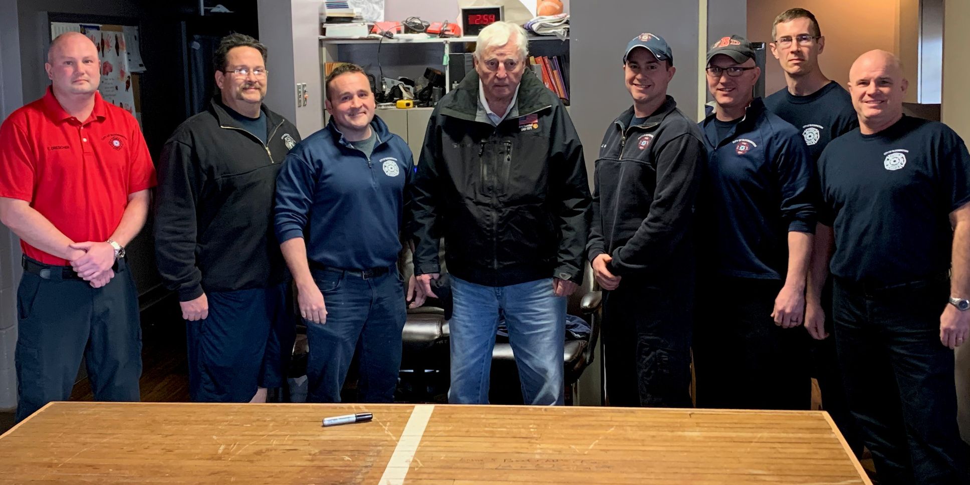 Bob Knight poses with the Station 5 firefighters