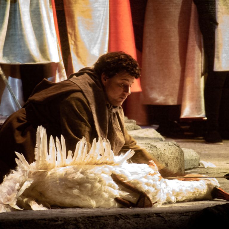 Parsifal kneels next to a swan
