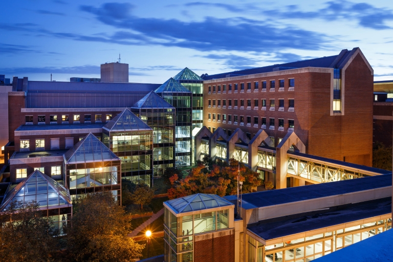 The IU School of Medicine library at night