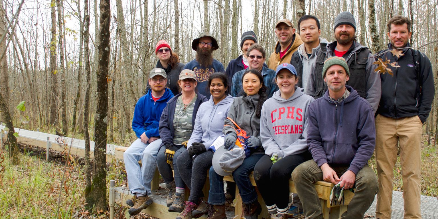 A group of IU Libraries staff members worked Nov. 6 at the Beanblossm Bottoms Nature Preserve.