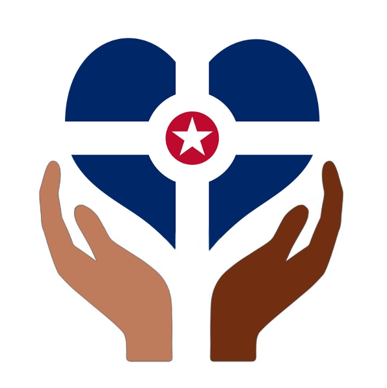 The group's logo with 2 hands of different races holding up a heart with the middle of the Indy flag