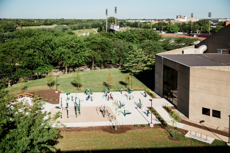 An elevated view of a collection of outdoor fitness equipment.