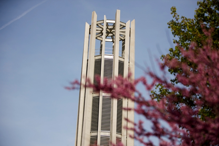 The Metz Bicentennial Grand Carillon towers into a blue sky