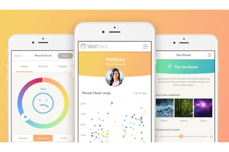 The WellTrack app is displayed on three phones