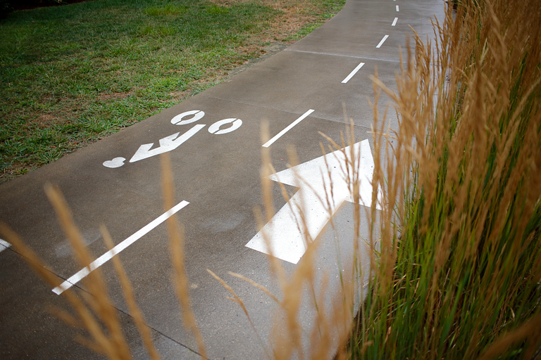 Detail of a bike path with traffic arrows painted on it