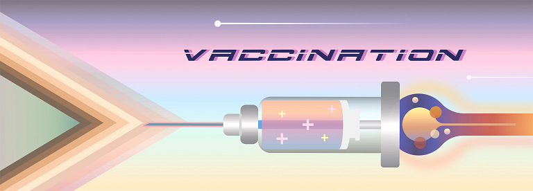 A multi-color image of a hypodermic needle is next to the word vaccine