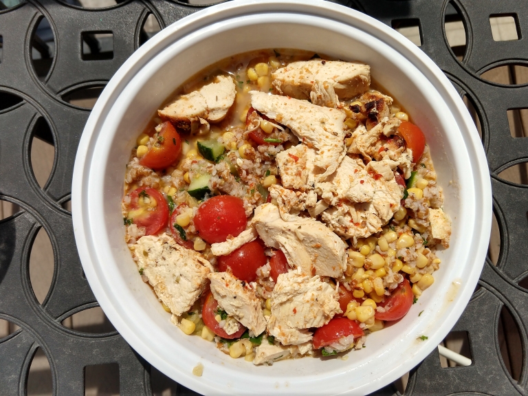 The grilled chicken breast bowl and protein smoothie