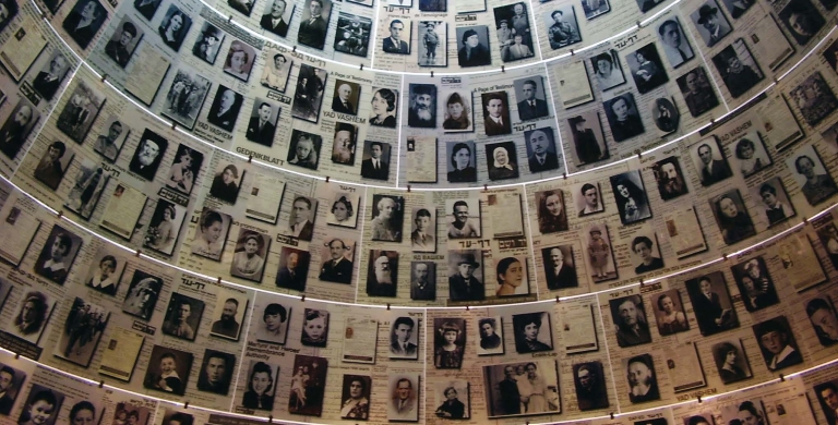 Photos of Holocaust victims and survivors.