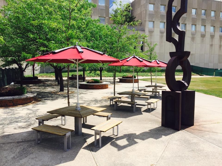 Solar-powered umbrellas on campus at Wood Fountain