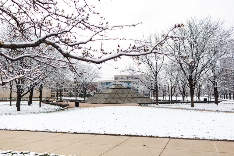 A snowy scene on the IUPUI campus