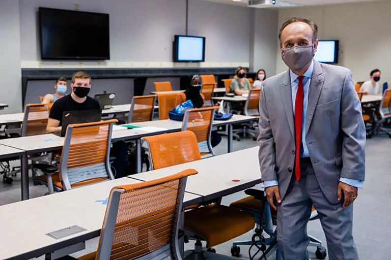 Chancellor Paydar wears mask in classroom