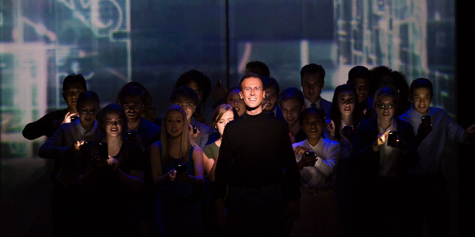 An IU student performs as Steve Jobs