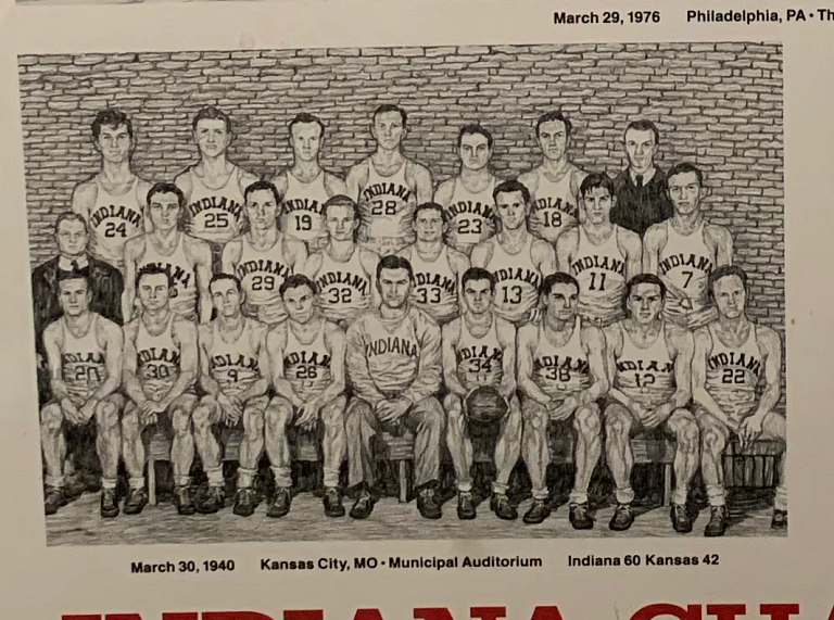 An illustration of the 1940 Indiana University championship basketball team