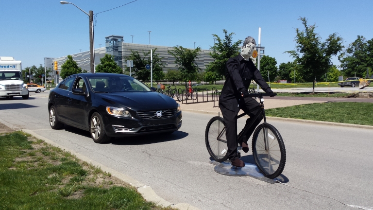 A simulated bike rider is used for testing by IUPUI's Transportation Active Safety Institute.