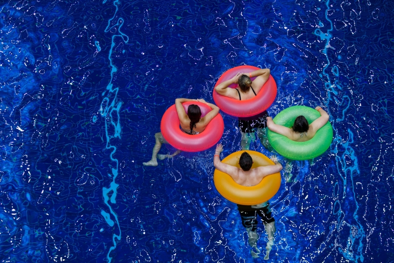 Students float in the IU Natatorium during Flick 'n Float for Regatta Week.