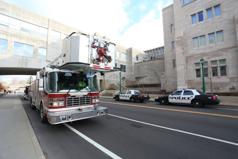 Fire trucks and police cars on the IU Bloomington campus