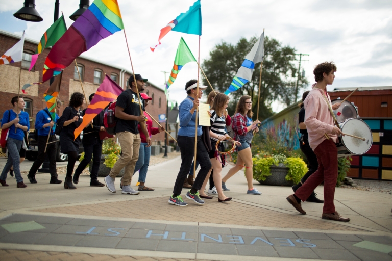 Students parade to the polls.