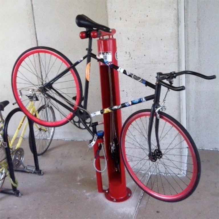A bicycle maintenance station on campus