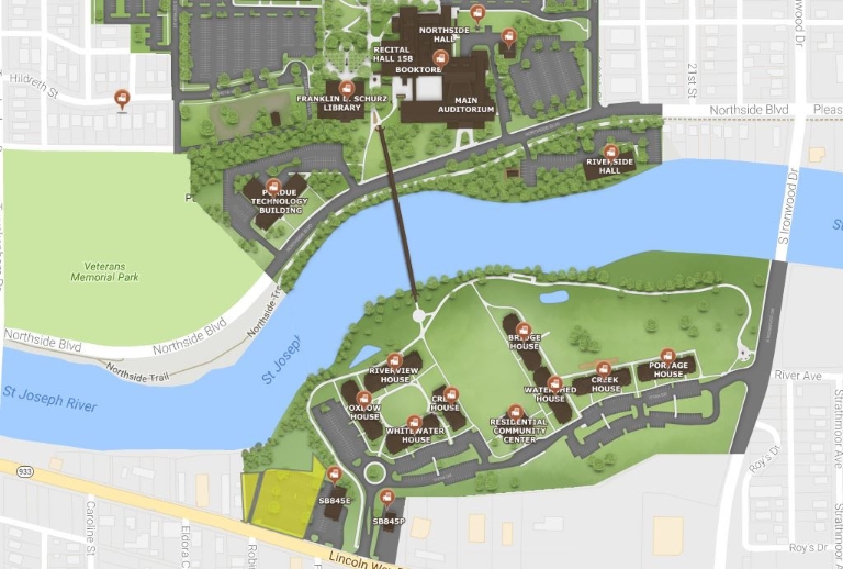The IU South Bend campus is depicted on a new digital map.