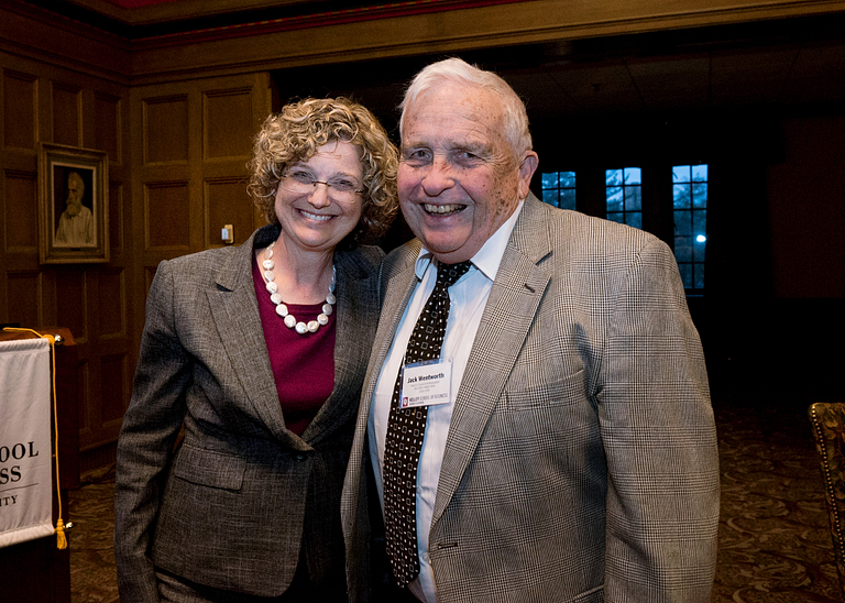 Jack Wentworth stands with Idaline 'Idie' Kesner, dean of the Kelley School, in 2016