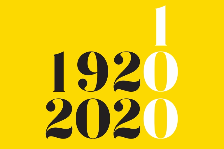 The years 1920 and 2020 with the zeros highlighted and a 1 above the zeroes to indicate 100 years