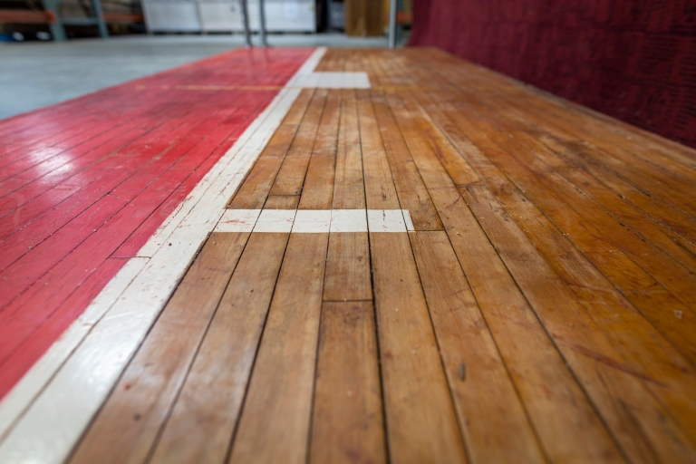 Pieces of the old IU Fieldhouse basketball court floor