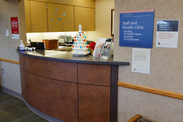 The front reception counter of the IU Staff and Faculty clinic