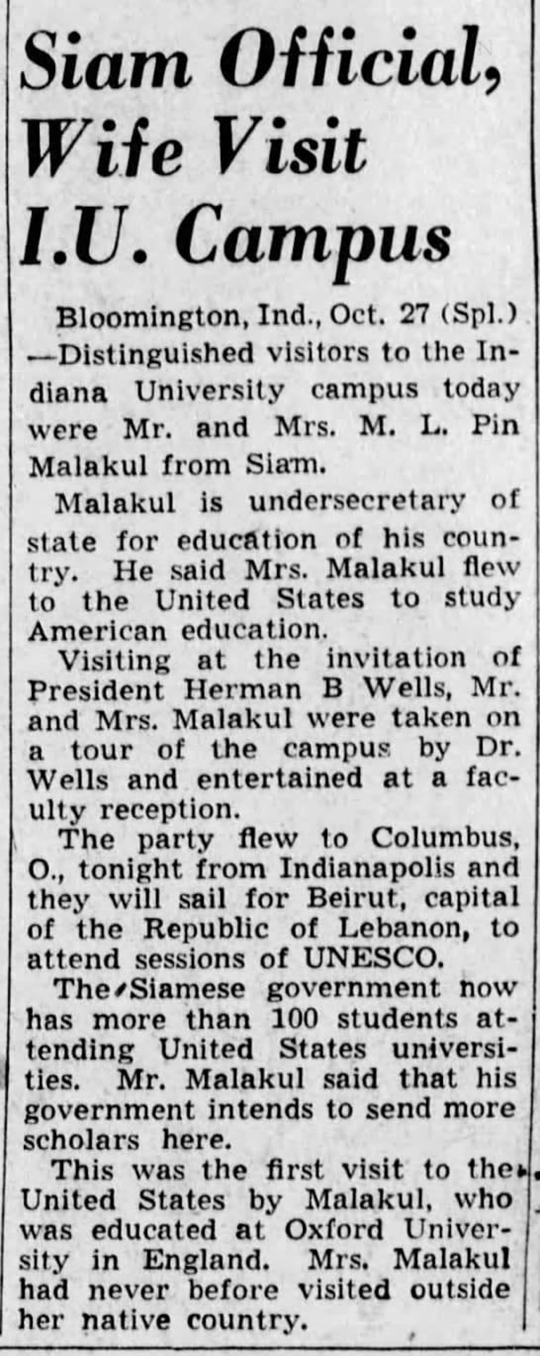 A news clipping announcing an IU visit from M. L. Pin Malakul