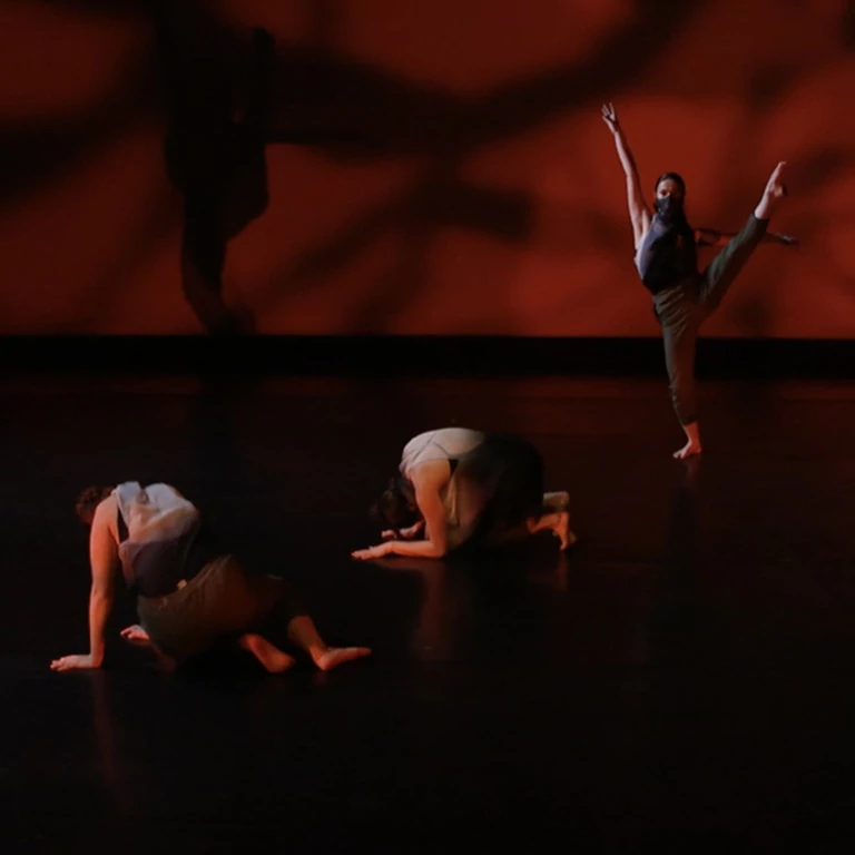 Two dancers in a horizontal line bow to a third dancer who lifts one leg over her head.