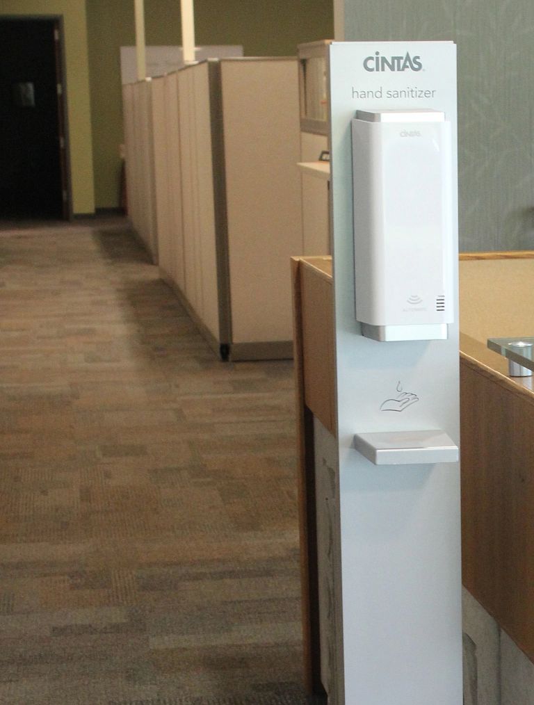 A hand sanitizer station on the IU Bloomington campus