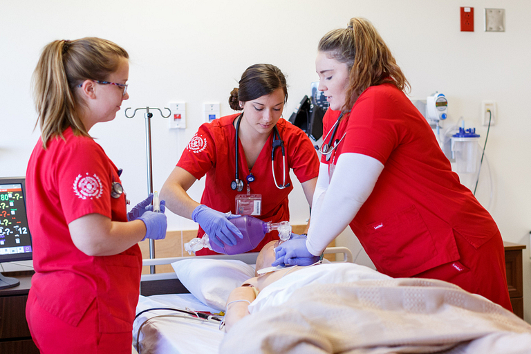 Nursing students in the IUPUC simulation lab. 