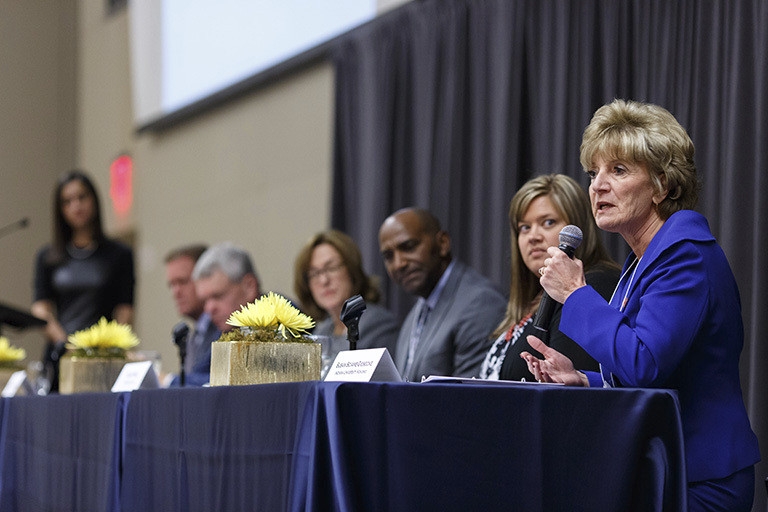 IU Kokomo Chancellor Susan Sciame-Giesecke addresses attendees at the 2016 E2E Convergence.