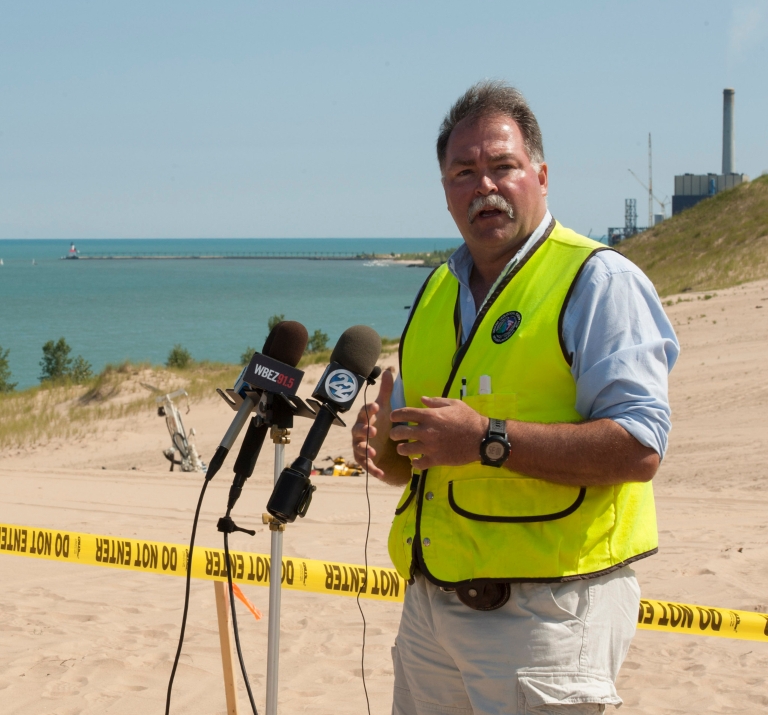 Todd Thompson speaks at a news conference at Indiana Dunes National Lakeshore