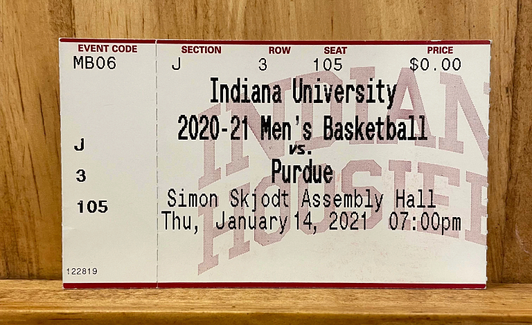 A 2021 ticket stub from IU's game against Purdue