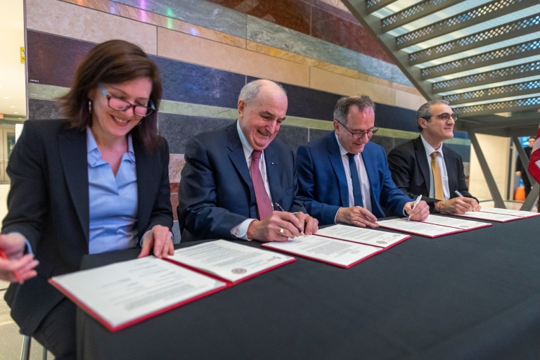 Leaders from IU and from Sorbonne University sign documents