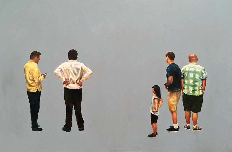 Painting of people standing as if contemplating something that is not there