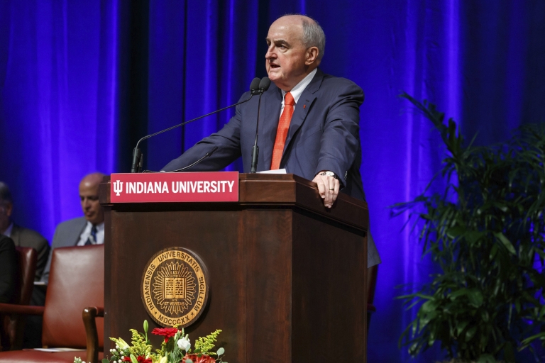 IU President Michael McRobbie speaks from podium at Innovation Hall groundbreaking 