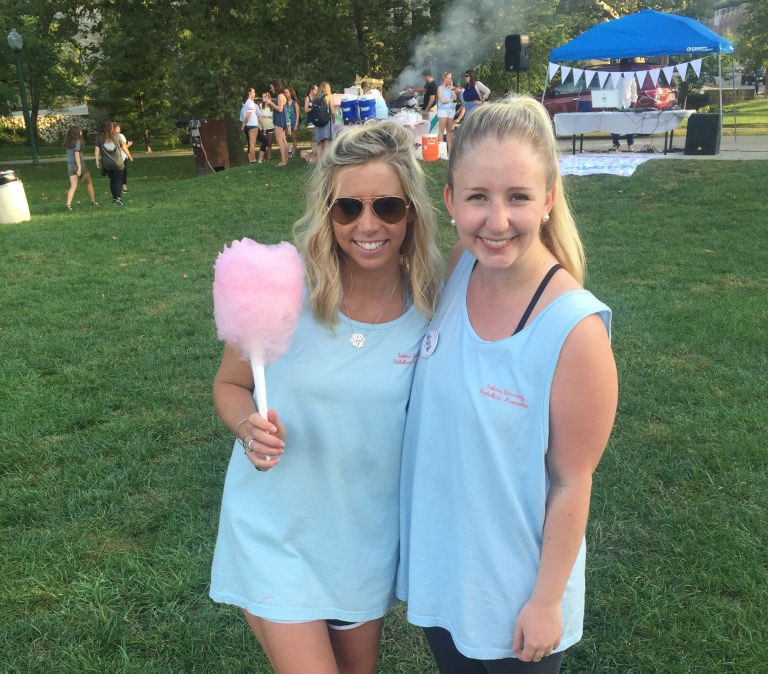 Maddi Lasson and Sydney Twiggs pose for a photo during the Sorority Involvement Fair. 