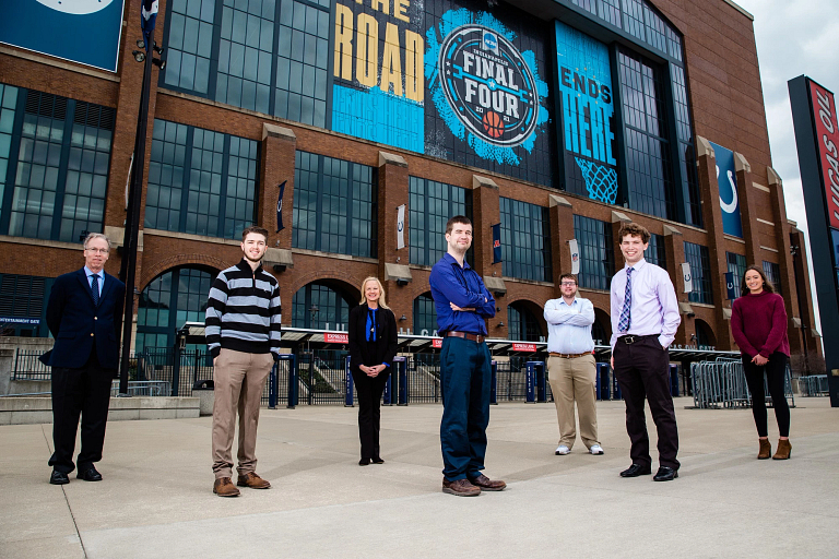 Members of the Sports Capital Journalism Program outside Lucas Oil Stadium