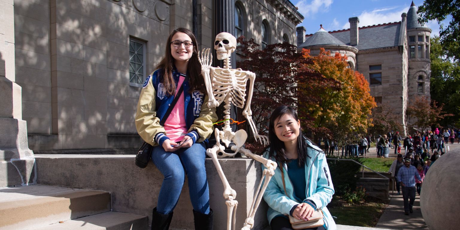 High school students with skeleton at Science Fest