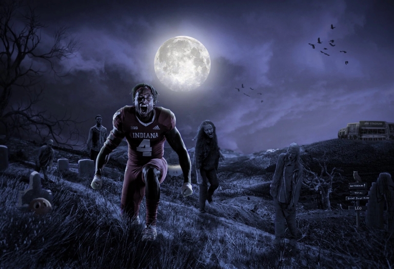 Halloween-themed art shows football player Cam Jones in a graveyard with ghouls